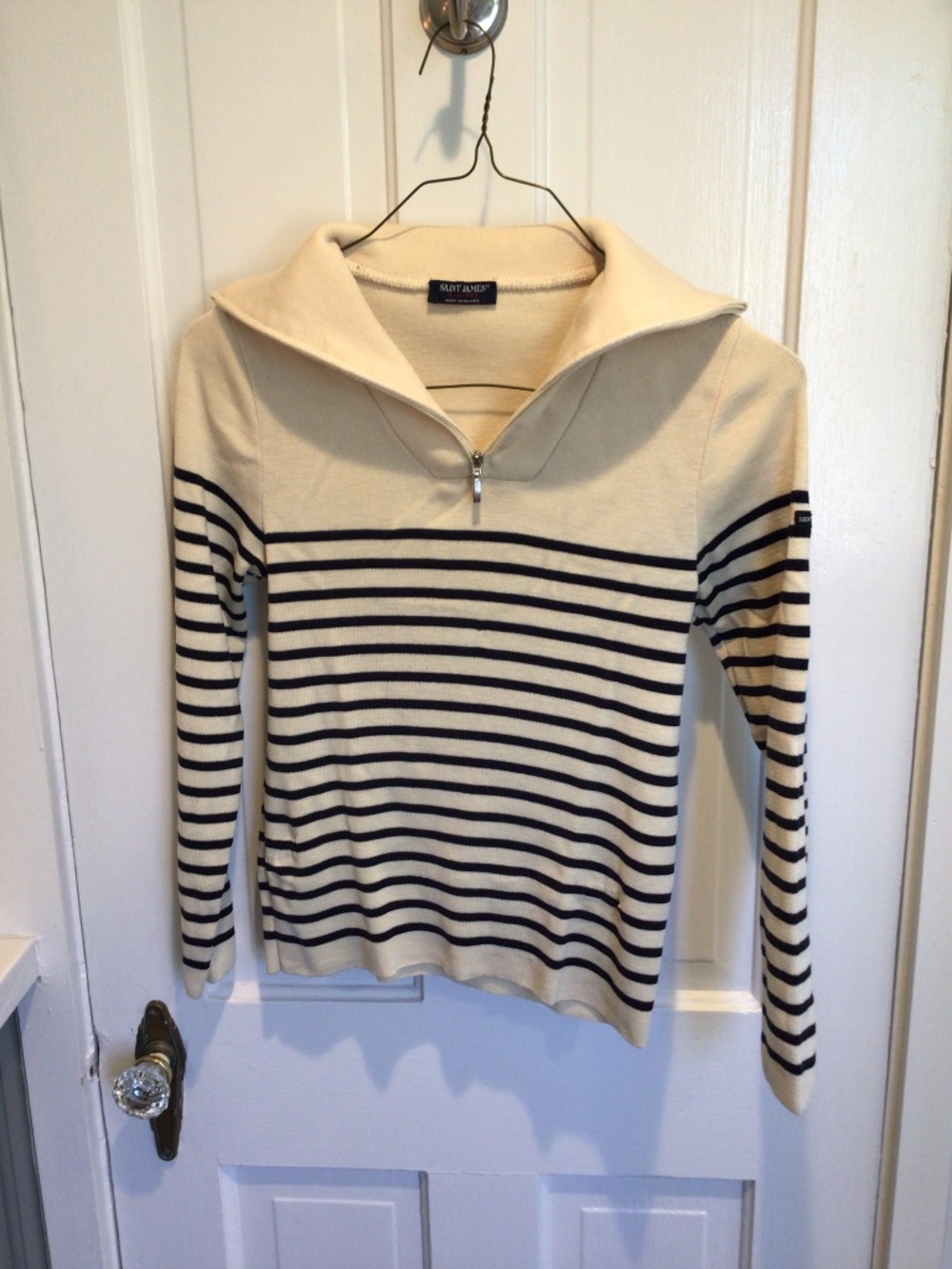 Saint James - Pure wool striped navy blue and cream quarter-zip sweater size 38